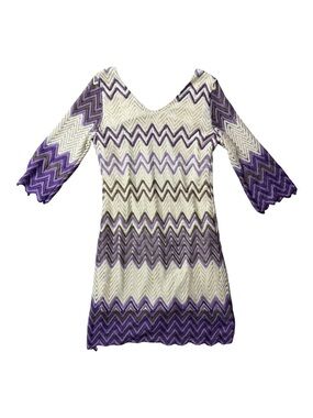 Y2K Purple and Cream Zigzag Knit Midi Dress - V-Neck Bell Sleeves